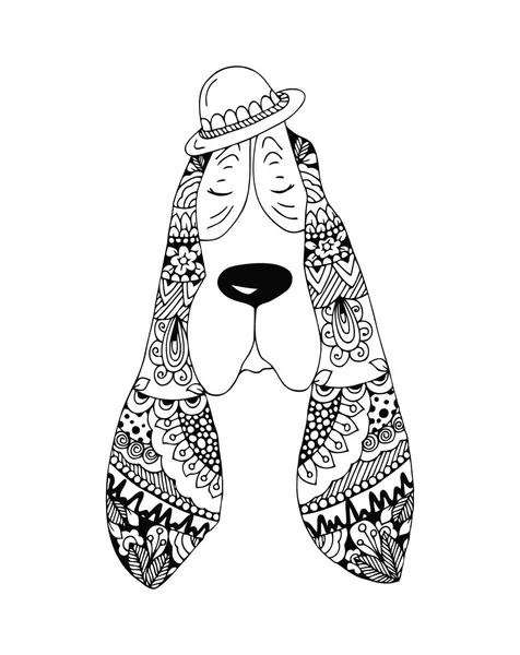 Ilustración vectorial Zen Tangle Dog en objeto floral aislado. Doodle Art. Libro para colorear anti estrés para adultos. Blanco negro . — Vector de stock