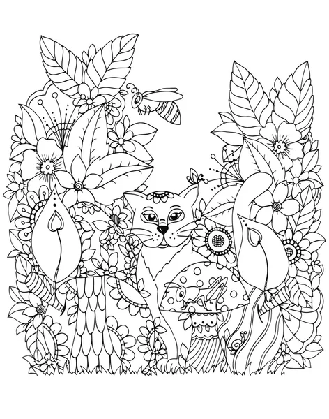 Vector illustratie Zen tangd, kat zittend in de bloemen. Doodle tekening paddestoelen. Kleurboek anti stress voor volwassenen. Zwart wit. — Stockvector