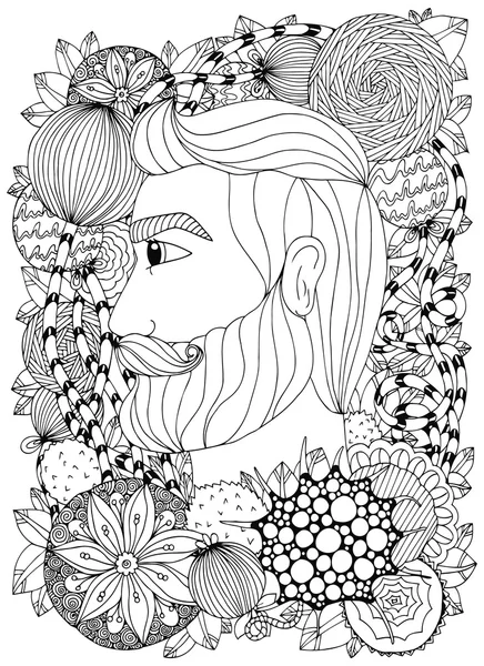 Ilustración vectorial Zen Tangle retrato de un hombre con un ornamento. Doodle marco floral. Libro para colorear anti estrés para adultos. Blanco negro . — Vector de stock