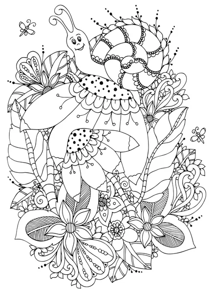 Ilustración vectorial Zen Tangle Caracol sobre flores. Dibujo Doodle. Libro para colorear anti estrés para adultos. Blanco negro . — Archivo Imágenes Vectoriales