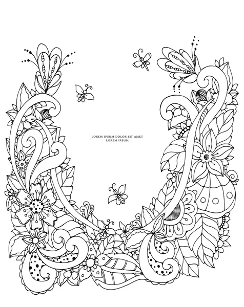 Vektorillustration von Blumenrahmen-Zen-Gewirr. dudlart. Malbuch gegen Stress für Erwachsene. schwarz weiß. — Stockvektor