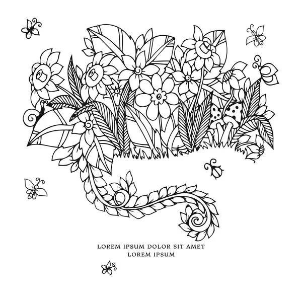 Illustration vectorielle carte zentangl avec des fleurs. Fleurs de caniche, printemps, bijoux, mariage. Livre à colorier anti stress pour adultes. Blanc noir . — Image vectorielle