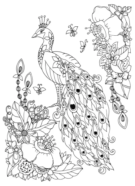 Векторная иллюстрация Zen Tangle, павлин и цветы. Рисование каракулей. Раскраска книги антистресс для взрослых. Черный белый . — стоковый вектор