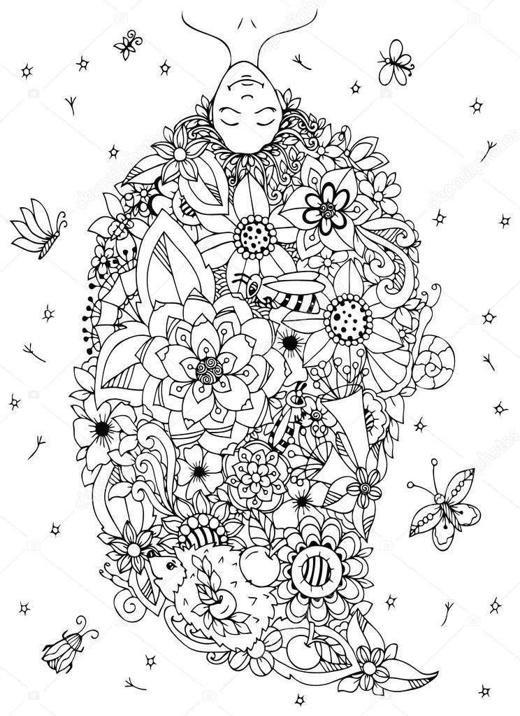 Vector Illustratie Zen Wirwar Meisje Ondersteboven Met Bloemen In