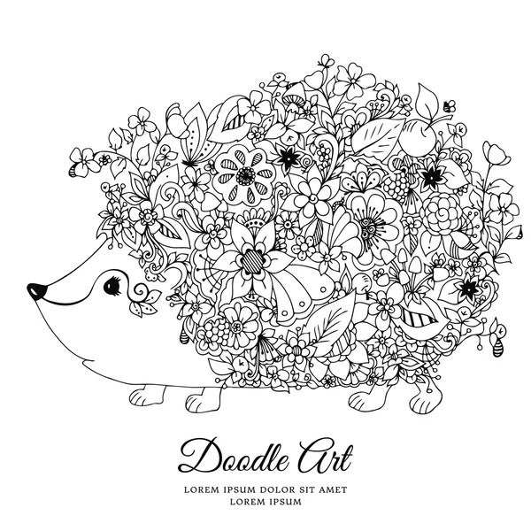 Vector illustration zentangl hedgehog with flowers. Doodle animal, forest, nature, puddle. Coloring book anti stress for adults. Black and white. — Stock Vector