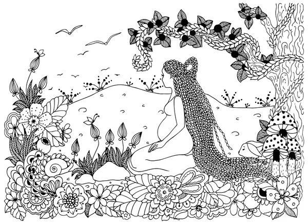 Illustrazione vettoriale Zen Tangle, una donna incinta seduta nei fiori. Disegno Doodle. Libro da colorare anti stress per adulti. Bianco e nero . — Vettoriale Stock