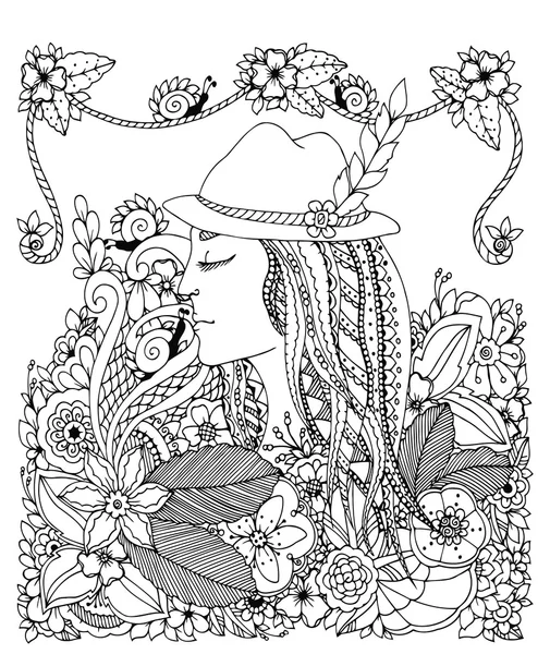 Ilustración vectorial Zen Tangle niña en sombrero y flores. Dibujo Doodle. Colorear el estrés anti para adultos. Blanco negro . — Archivo Imágenes Vectoriales