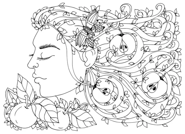 Vector illustration Zen Tangle, girl, woman with flowers in her hair, apples. Doodle drawing. Coloring book anti stress for adults. Black and white. — Stock Vector