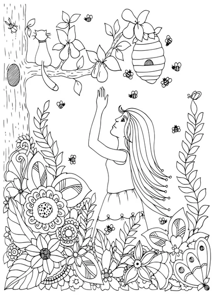 Illustrazione vettoriale Zen groviglio, donna, ragazza e pera. Disegnare fiori Doodle. Libro da colorare anti stress per adulti. Bianco nero . — Vettoriale Stock