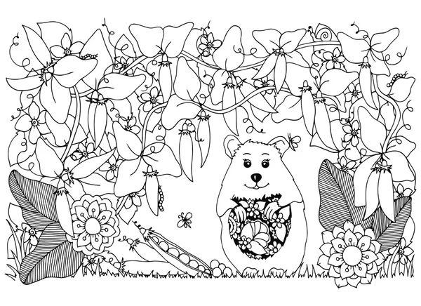 Vektor Illustration Zen-Gewirr, Hamster und Erbsen. Doodle Blumen Muster. Malbuch gegen Stress für Erwachsene. schwarz weiß. — Stockvektor