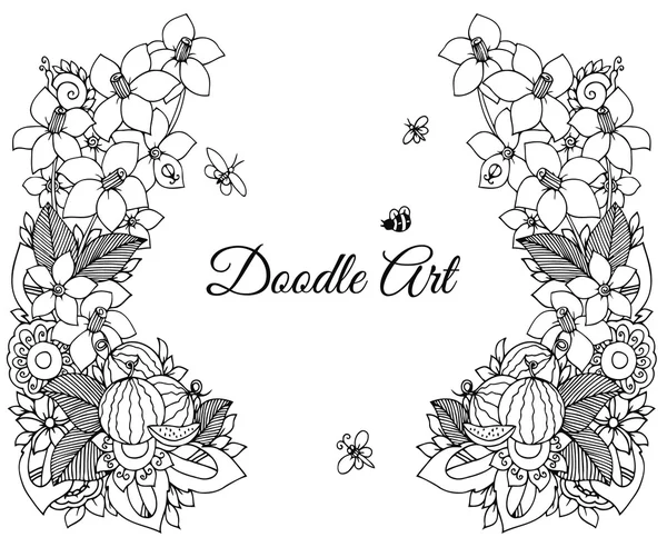 Vector illustration of floral frame Zen Tangle. Dudlart. Coloring book anti stress for adults.  page. Black white. — Stock Vector