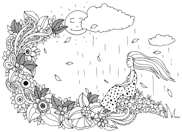 Ilustración vectorial Zen Tangle, niña sentada sobre manzanas, es lluvia. Doodle flores. Libro para colorear anti estrés para adultos. Blanco negro . — Archivo Imágenes Vectoriales