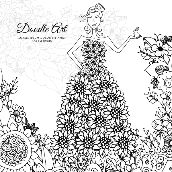 Vector εικονογράφηση Ζεν κουβάρι κορίτσι σε ένα floral φόρεμα. Doodle λουλούδια, δέντρο. Χρωματισμός βιβλίο παραστάσι στρες για τους ενήλικες. Μαύρο λευκό. — Διανυσματικό Αρχείο