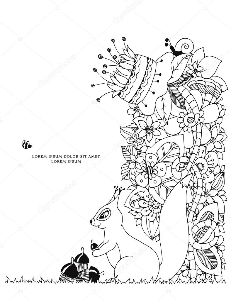 Vector illustration Zen Tangle écureuil avec gland assis dans les fleurs Doodle de dessin Livre   colorier anti stress