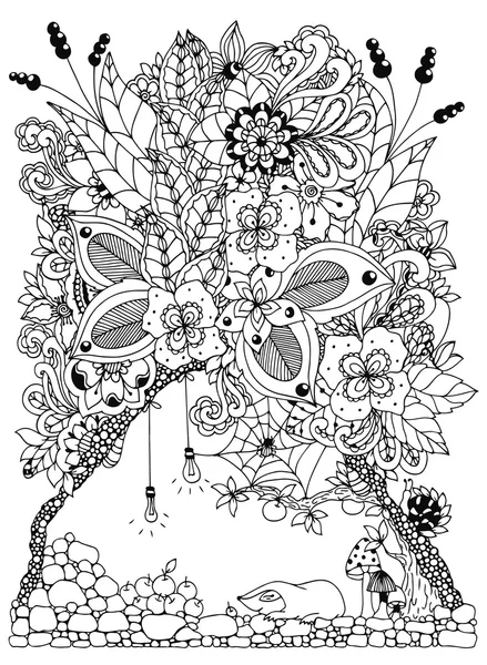 Ilustración vectorial zentangl, un lunar en madriguera con flores. Dibujo Doodle. Libro para colorear anti estrés para adultos. Blanco y negro . — Vector de stock