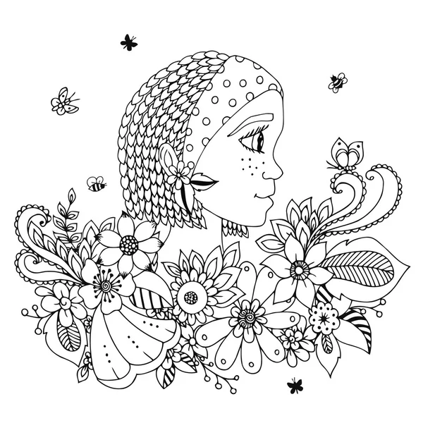 Retrato de ilustração vetorial de uma mulher no quadro de flores. Doodle. Livro para colorir anti stress para adultos. Preto branco . — Vetor de Stock