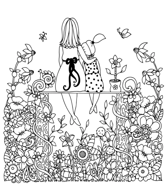 Illustration vectorielle zentangl, mère et fille assises dans les fleurs. Dessin de caniche. Livre à colorier anti stress pour adultes. Blanc noir . — Image vectorielle