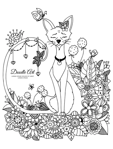 Векторная иллюстрация Zen tangl, кошка сидит в цветах. Дудл рисует грибы. Раскраска книги антистресс для взрослых. Черный белый . — стоковый вектор