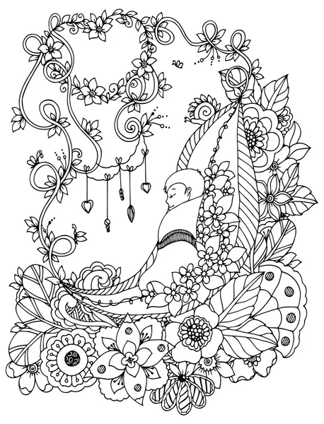 Ilustración vectorial zentangl, el bebé está durmiendo en las flores. Dibujo Doodle. Libro para colorear anti estrés para adultos. Blanco negro . — Vector de stock