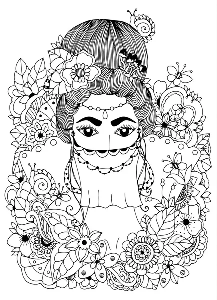 Ilustración vectorial zentangl, princesa oriental en flores. Dibujo Doodle. Libro para colorear anti estrés para adultos. Blanco negro . — Vector de stock