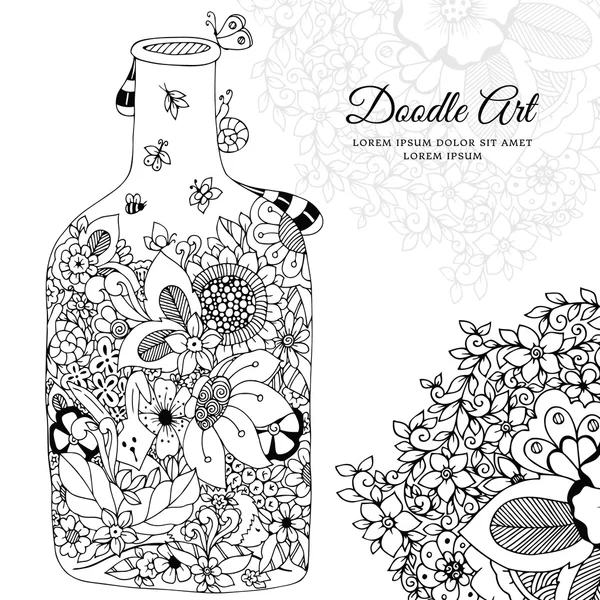 Vector illustration  with flowers bottle. Doodle frame. Coloring book anti stress for adults. Black white. — Stock Vector