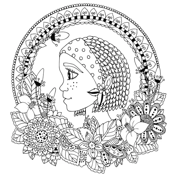 Retrato de ilustración vectorial de una mujer en marco de flores. Doodle. Libro para colorear anti estrés para adultos. Blanco negro . — Vector de stock