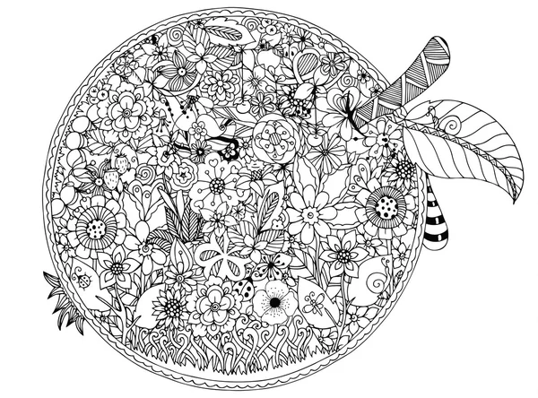 Ilustración vectorial zentnagl, flores de manzana. Dibujo Doodle. Libro para colorear anti estrés para adultos. Blanco negro . — Archivo Imágenes Vectoriales
