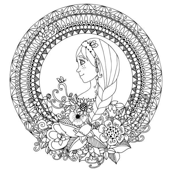 Ilustración vectorial chica zentangl en el círculo de marco floral. Dibujo Doodle. Libro para colorear anti estrés para adultos. Blanco negro . — Archivo Imágenes Vectoriales