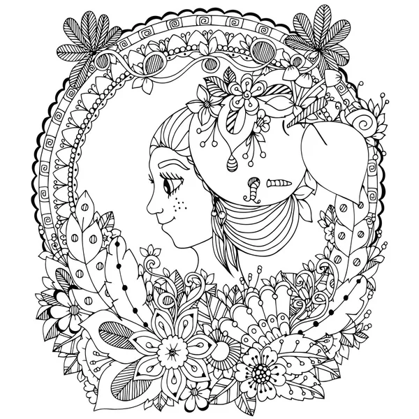 Vector illustration zentangl girl in the floral frame circle. Doodle drawing. Coloring book anti stress for adults. Black white. — Stock Vector