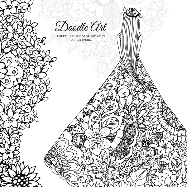 Ilustración vectorial Zen Tangle niña en un vestido floral. Doodle flores, árbol. Libro para colorear antis estrés para adultos. Blanco negro . — Vector de stock