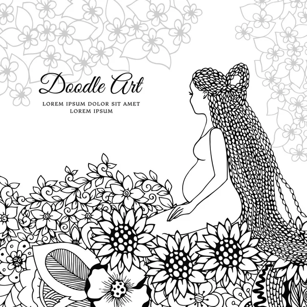 Vector illustration Zen Tangle, a pregnant woman sitting in flowers. Doodle drawing. Coloring book anti stress for adults. Black white. — Stock Vector