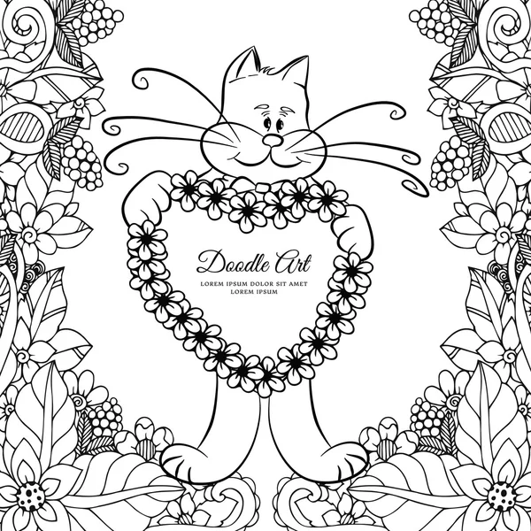 Ilustración vectorial Zen Tangle, gatito sosteniendo un corazón en las flores. Dibujo Doodle. Libro para colorear anti estrés para adultos. Blanco negro . — Vector de stock