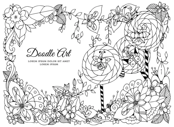 Vectorillustratie van floral frame. Dudlart. Kleurplaat boeken anti stress voor volwassenen. Zwart wit. — Stockvector