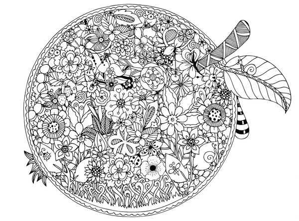 Illustrazione vettoriale, fiori di mela. Disegno Doodle. Libro da colorare anti stress per adulti. Bianco nero . — Vettoriale Stock