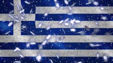 Noel ve Yeni Yıl için Yunan bayrağı sallıyor ve kar yağışı döngüsü arka planı, döngü