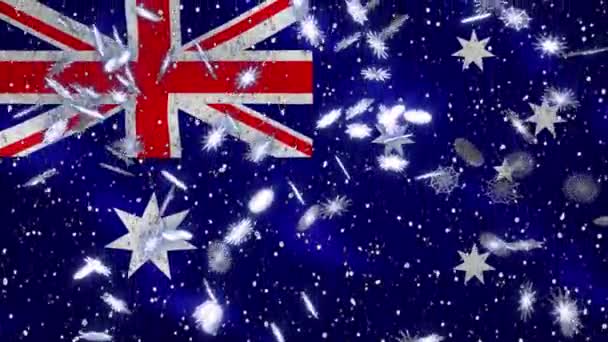 Drapeau d'agitation australien et fond cyclique chute de neige pour Noël et Nouvel An, boucle — Video