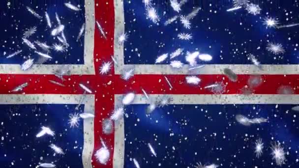 Islandské vlnění vlajky a sněžení cyklické pozadí pro Vánoce a Nový rok, smyčka — Stock video