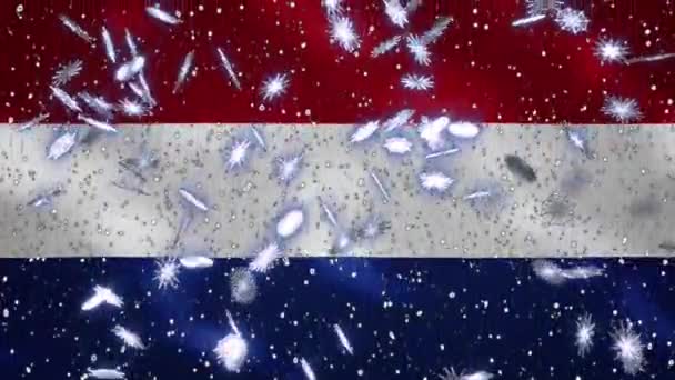 Holländer schwenken Flagge und Schneefall zyklischen Hintergrund für Weihnachten und Neujahr, Schleife — Stockvideo