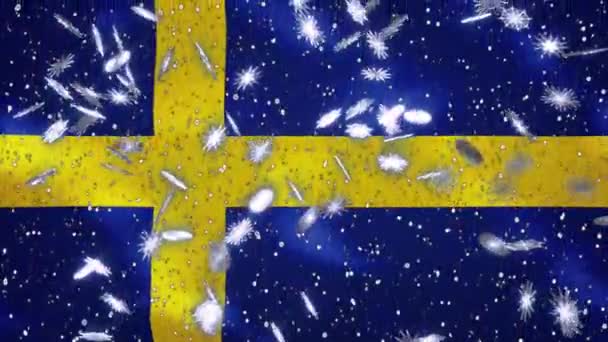 Bandeira ondulada sueca e fundo cíclico de queda de neve para o Natal e Ano Novo, loop — Vídeo de Stock