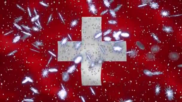 Swiss waving flag and snowfall cyclic background for Christmas and New Year, loop — Stock Video