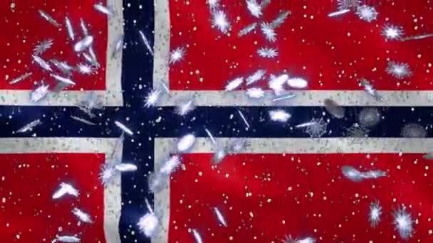 Drapeau d'agitation norvégien et fond cyclique des chutes de neige pour Noël et le Nouvel An, boucle — Video