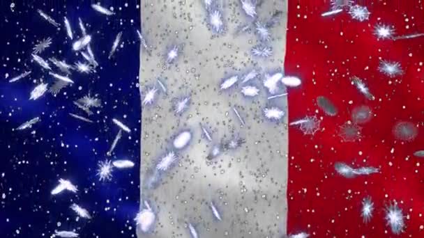 Γαλλική κυματιστή σημαία και χιόνι κυκλικό φόντο για τα Χριστούγεννα και την Πρωτοχρονιά, βρόχο — Αρχείο Βίντεο