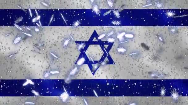 Izraelské vlnění vlajky a sněžení cyklické pozadí pro Vánoce a Nový rok, smyčka — Stock video