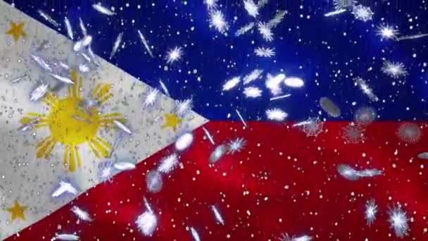 菲律宾为圣诞节和新年飘扬国旗和降雪的循环背景，循环 — 图库视频影像