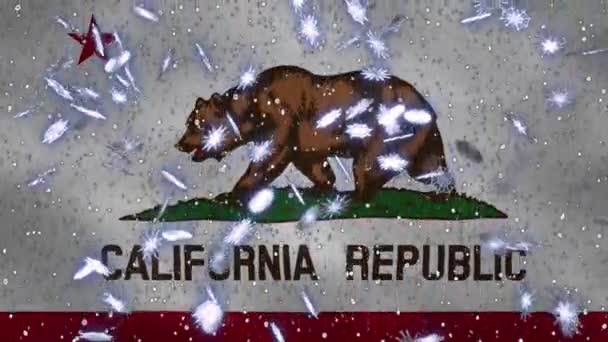 Californië zwaaien vlag en sneeuwval cyclische achtergrond voor Kerstmis en Nieuwjaar, lus — Stockvideo