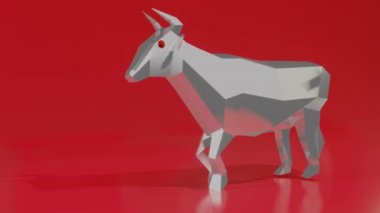 Kırmızı arka planda yürüyen, kırmızı gözlü, düşük polimerli metal boğa., 