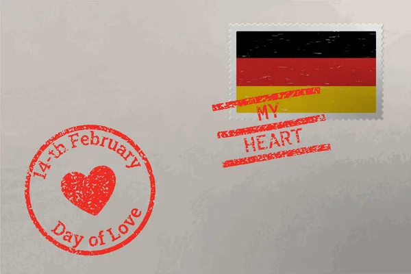 Briefmarkenumschlag Mit Deutschland Flagge Und Valentinstag Briefmarken Vektor — Stockvektor