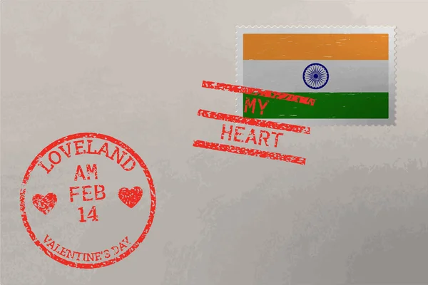 Postzegel Enveloppe Met India Vlag Valentijnsdag Stempels Vector — Stockvector