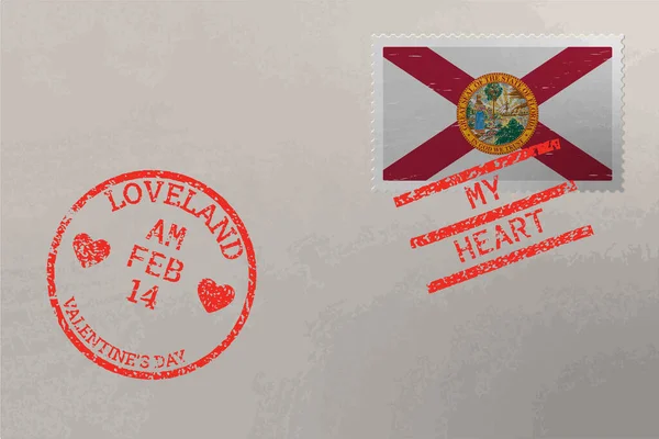 Briefmarkenumschlag Mit Florida Flagge Und Briefmarken Zum Valentinstag Vektor — Stockvektor