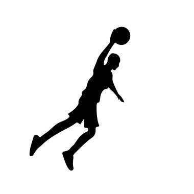 Basketbol topuyla basketbol oyuncusunun silueti basketbol potasına, sol görüşe, vektör görüntüye saldırıyor